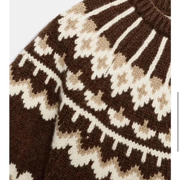 Zara Chocolate and Cream SHORT SLEEVE JACQUARD KNIT SWEATER fair isle sz small - Picture 5 of 8